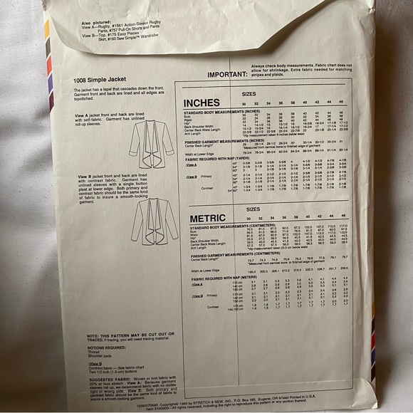 Vintage Stretch & Sew Pattern Simple Jacket New Uncut - Picture 2 of 3
